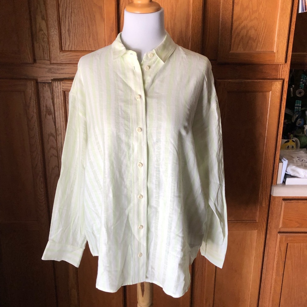 ☀️Madewell Green Striped Oversized Button Down Shirt Linen Blend Long Sleeve